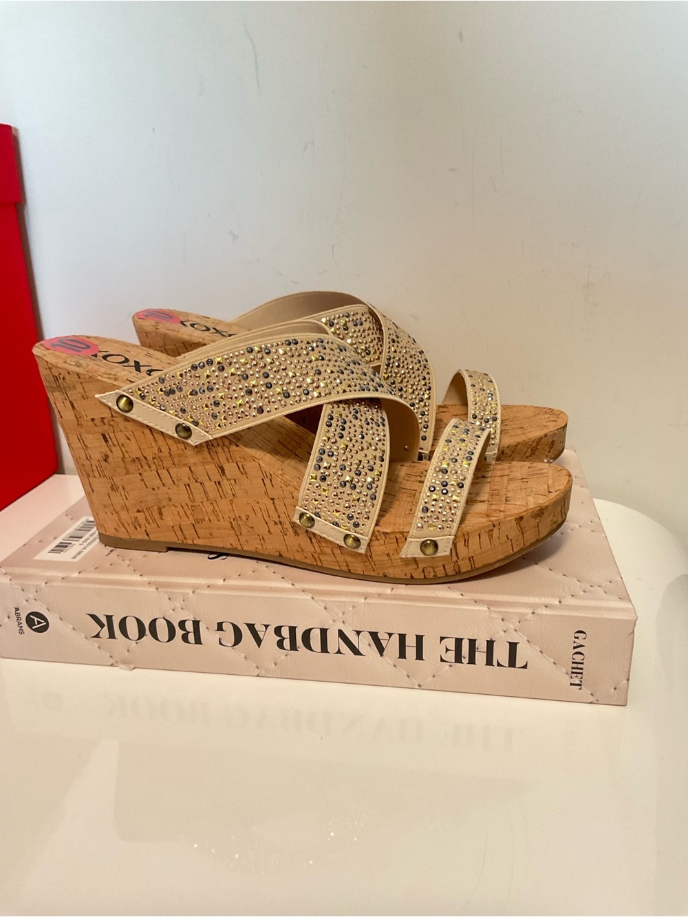 XOXO Beige Cork Wedge Sandals with Crystal Straps - Women Size 10